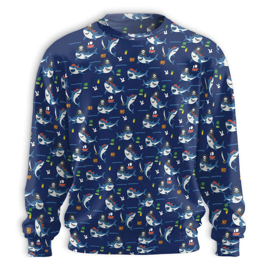 Shark Pirates Pattern Sweatshirt, 3D All Over Print Ocean Adventure Crewneck Pullover for Men Women, Shark Lover Gift - Netecom