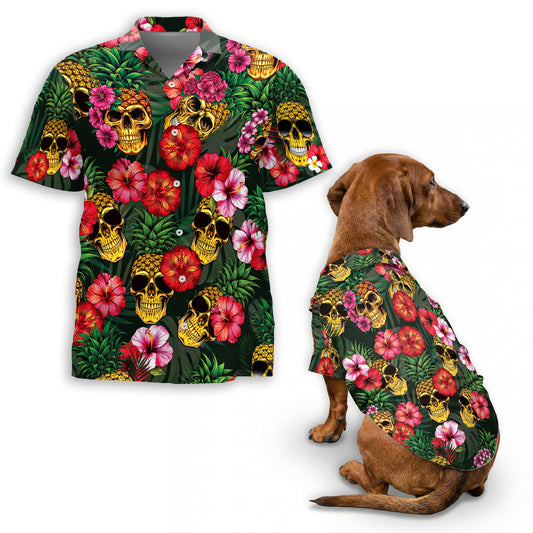 Netecom Matching Pineapple Skull Hibiscus Hawaiian Shirt for Dog and Owner, Funny Aloha Summer Shirt, Skull Print Button Down Outfit for Pet and Human, Beach Vacation Casual Wear