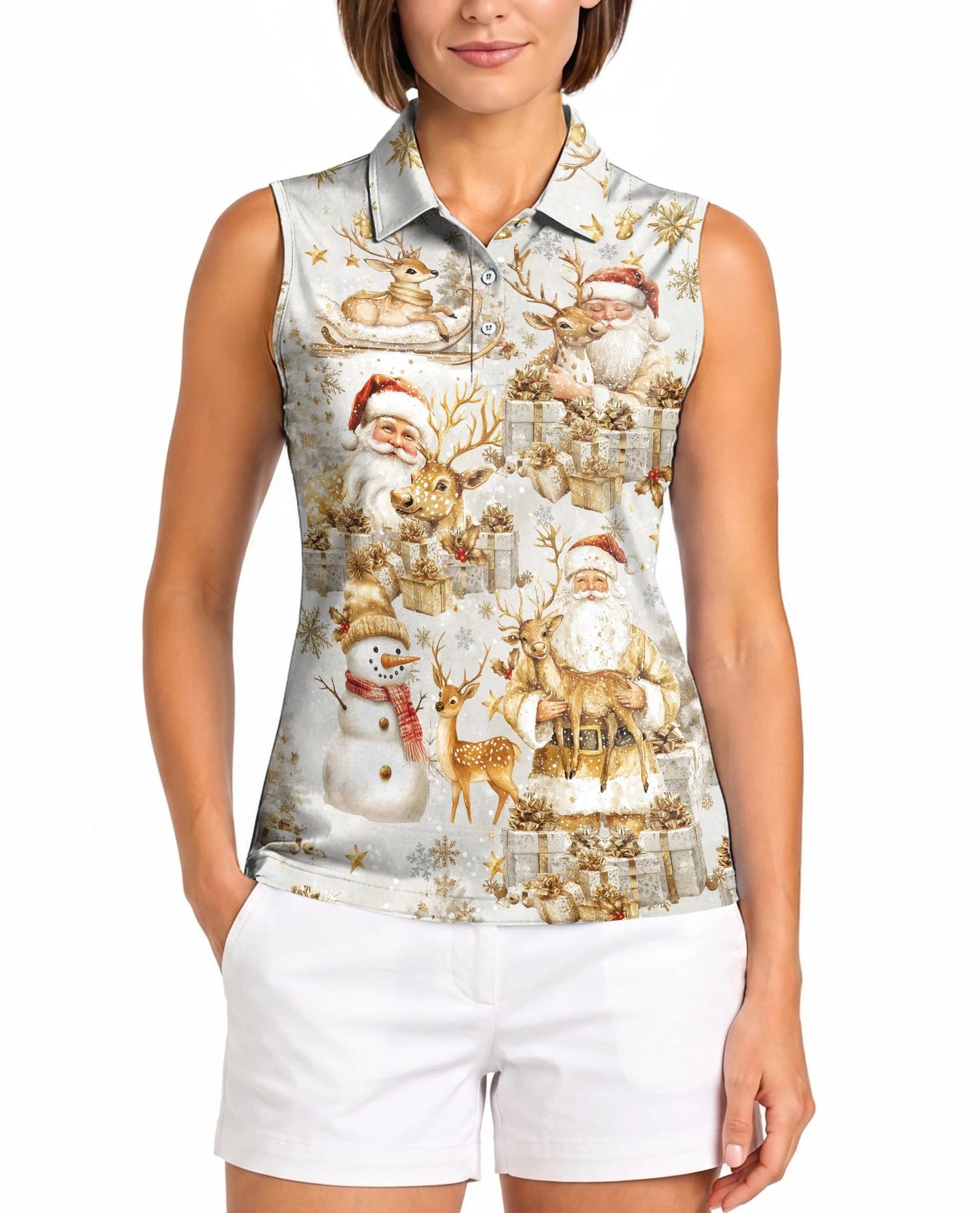 Christmas Golden Sleeveless Polo Shirt for Women – Elegant Holiday Style | Netecom