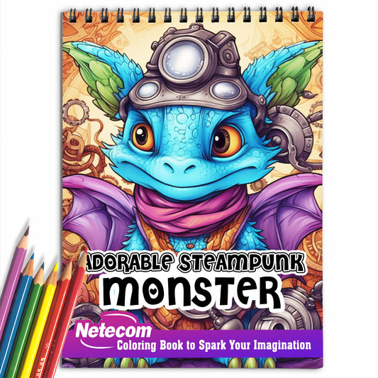 Adorable Steampunk Monster Spiral Bound Coloring Book, Unleash Your Creativity with 30 Coloring Pages, Featuring Charming Steampunk Monsters