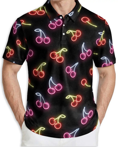 Neon Cherry Polo Shirt for Men- Retro Fruit Glow Aesthetic Shirt | Netecom