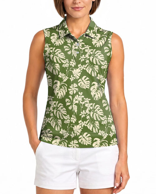 Green Monstera Leaf Sleeveless Polo Shirt for Women – Tropical Botanical Style | Netecom
