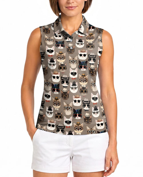 Fashion Cats Sleeveless Polo Shirt for Women – Stylish Cat Lover Style | Netecom