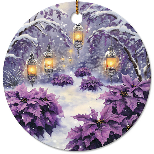 Netecom Purple Winter Snow Scene Christmas Ornaments, Ceramic Lanterns Poinsettia Keepsake Ornament for Christmas Tree Decorations, Gifts for Holiday, Party, Home Decor