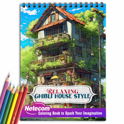 Relaxing Ghibli House Style Spiral Bound Coloring Book, Amazing Adults Coloring Book with Stress Relieving Designs of Ghibli House Style For Anxiety Relief and Relaxation