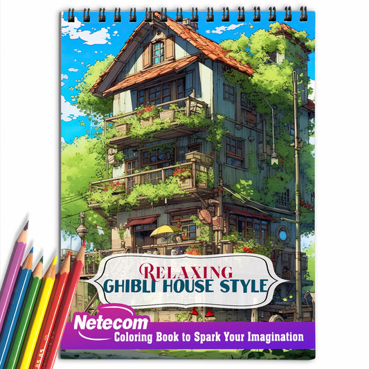 Relaxing Ghibli House Style Spiral Bound Coloring Book, Amazing Adults Coloring Book with Stress Relieving Designs of Ghibli House Style For Anxiety Relief and Relaxation