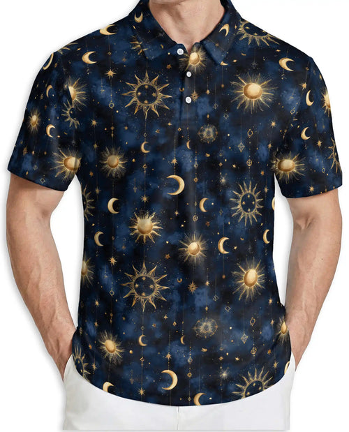 Celestial Sun Moon Polo Shirt for Men- Starry Night Pattern | Netecom