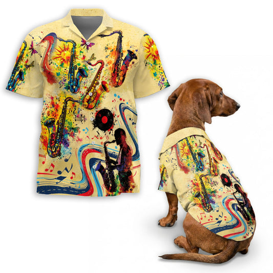 Netecom Matching Saxophone Hawaiian Shirt for Dog and Owner, Saxophone Is My Life Aloha Summer Shirt, Music Print Button Down Outfit for Pet and Human, Beach Vacation Casual Wear