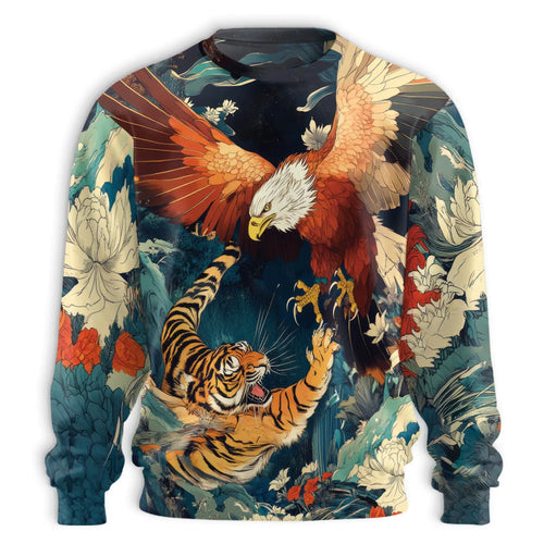 Tiger Eagle Fight Sweatshirt, 3D All Over Print Wild Animal Battle Crewneck Pullover for Men Women, Wildlife Lover Gift - Netecom