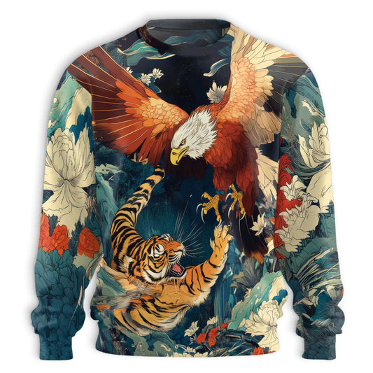 Tiger Eagle Fight Sweatshirt, 3D All Over Print Wild Animal Battle Crewneck Pullover for Men Women, Wildlife Lover Gift - Netecom