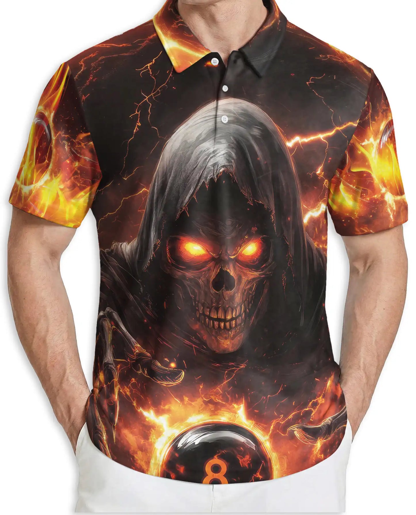 Dark Grim Reaper Skull 3D Polo Shirt for Men – Fiery Gothic Horror Style | Netecom