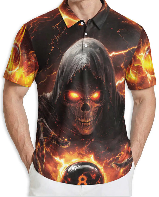 Dark Grim Reaper Skull 3D Polo Shirt for Men – Fiery Gothic Horror Style | Netecom
