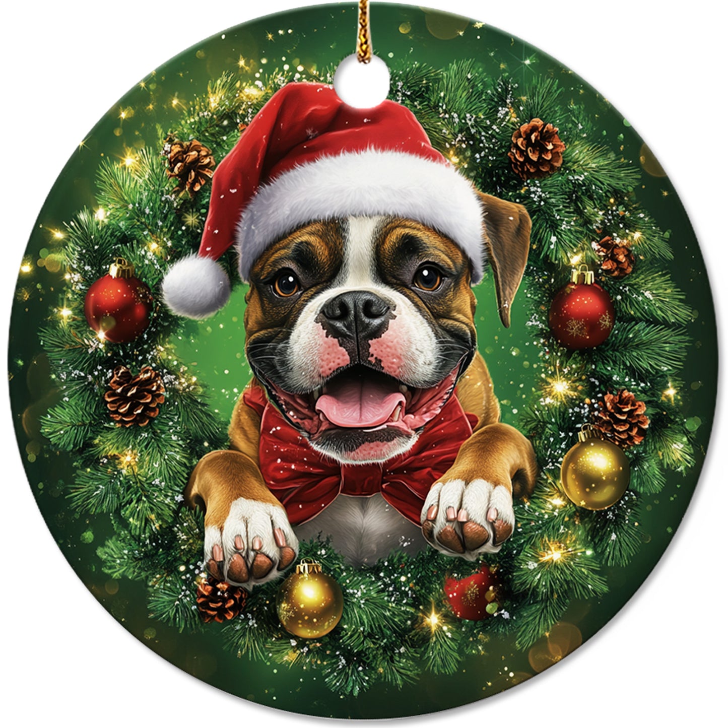 Netecom Cute Boxer Christmas Ornament, Dog Santa Hat Ceramic Ornament for Xmas Tree Hanging Decorations Gift, Puppy Lover Gifts, Home Decor, Holiday Party Present