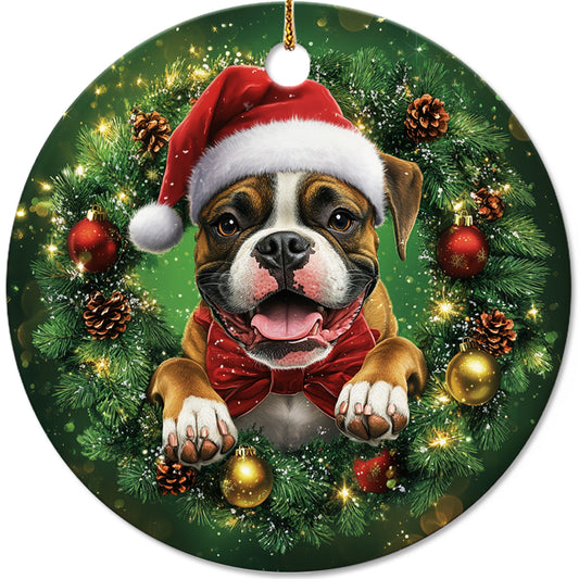 Netecom Cute Boxer Christmas Ornament, Dog Santa Hat Ceramic Ornament for Xmas Tree Hanging Decorations Gift, Puppy Lover Gifts, Home Decor, Holiday Party Present