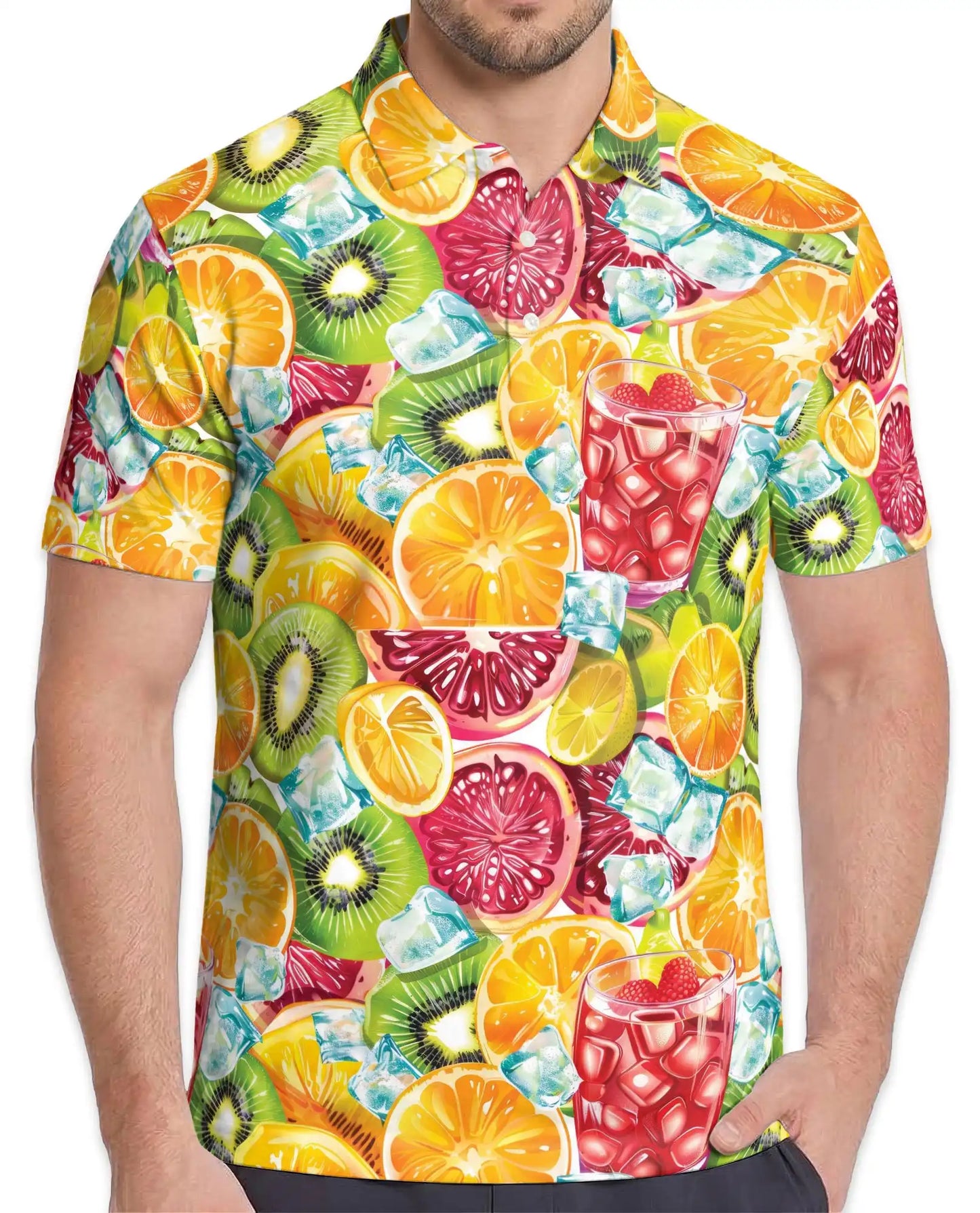 Tropical Citrus Fruit Cocktail Polo Shirt for Men-Orange Kiwi Shirt | Netecom