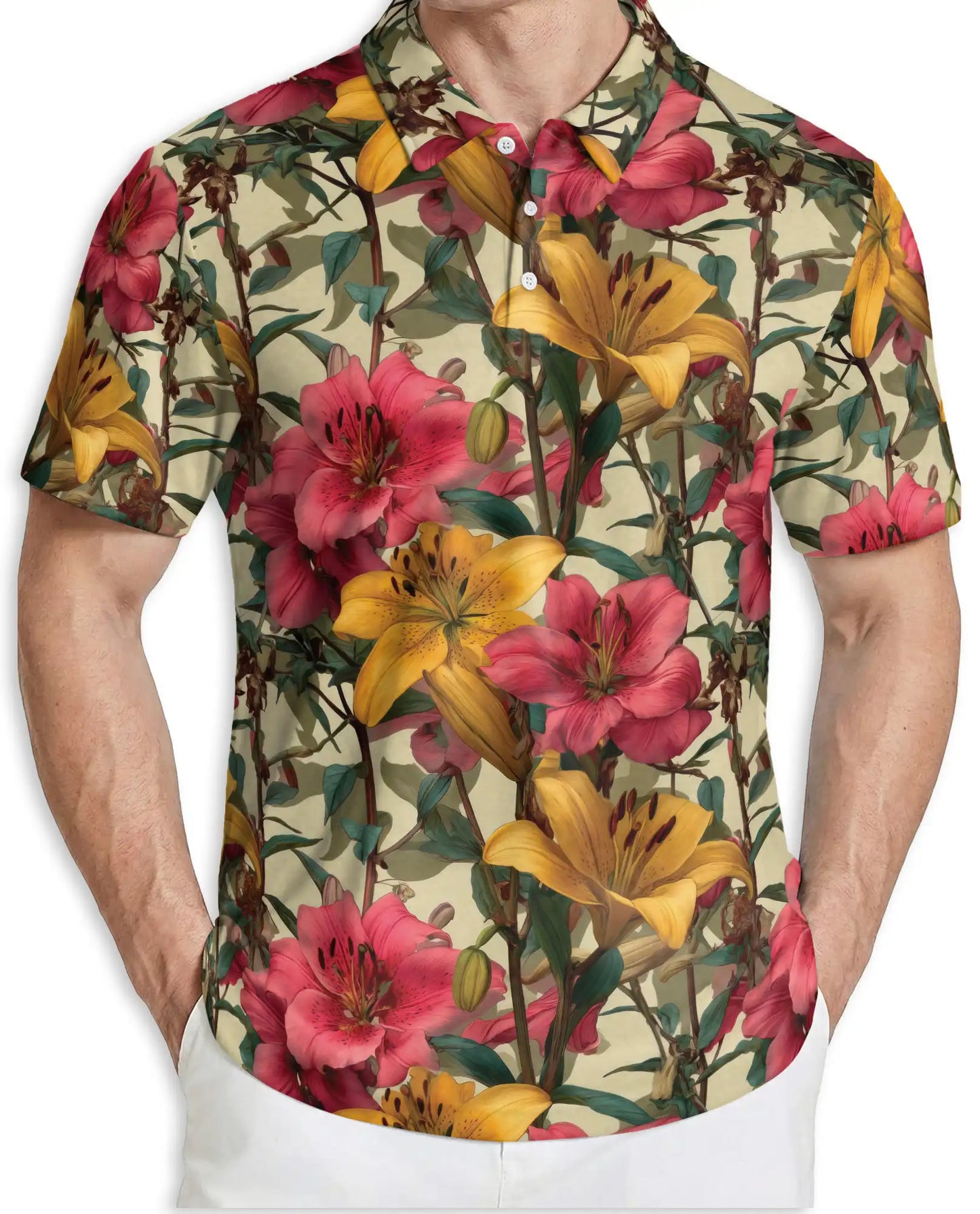Vintage Lily Garden Floral Polo Shirt-Botanical Flower Pattern Design | Netecom