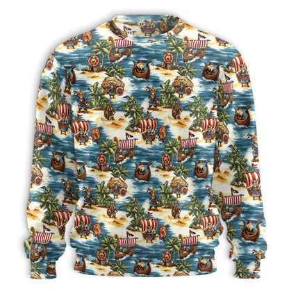 Viking Tropical Sweatshirt, 3D All Over Print Norse Warrior Beach Crewneck Pullover for Men Women, Viking Lover Gift - Netecom