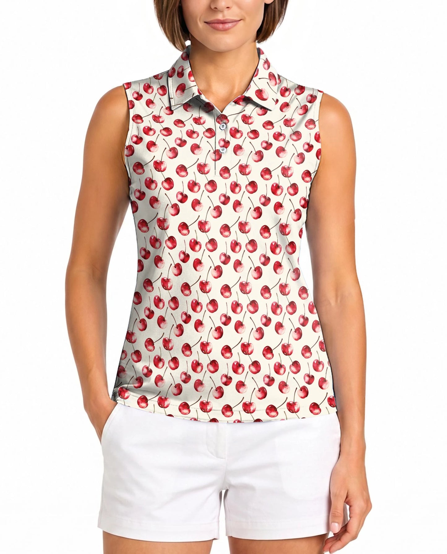 Cherry Pattern Sleeveless Polo Shirt for Women | Netecom