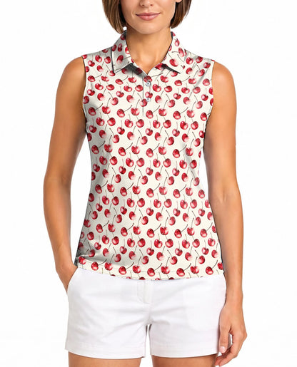 Cherry Pattern Sleeveless Polo Shirt for Women | Netecom