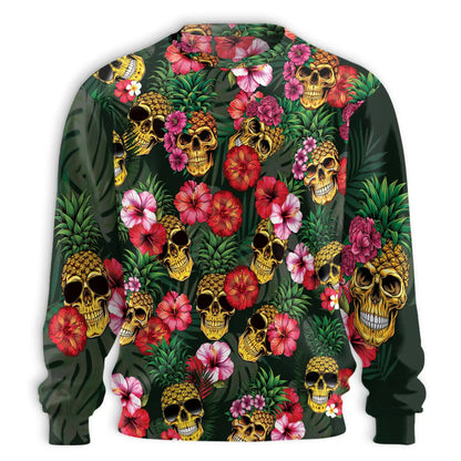Pineapple Skull Hibiscus Sweatshirt, 3D All Over Print Tropical Floral Skull Crewneck Pullover for Men Women, Island Style Gift - Netecom