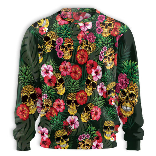 Pineapple Skull Hibiscus Sweatshirt, 3D All Over Print Tropical Floral Skull Crewneck Pullover for Men Women, Island Style Gift - Netecom