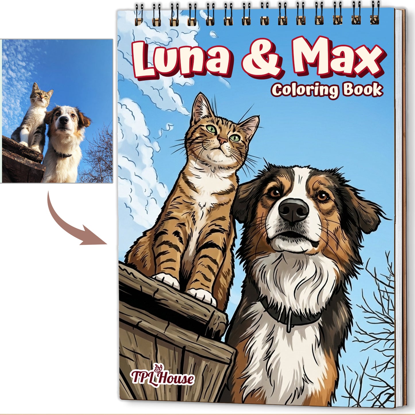 Personalized Pet Coloring Book for Adults – Custom Coloring Pages from Your Pet Photos , 12–48 Pages, Gift for Dog, Cat, and Animal Lovers, Premium Wooden Cover, Spiral Binding