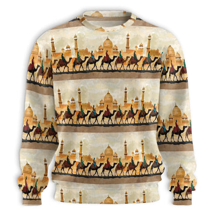 Camel Caravan Desert Sweatshirt, 3D All Over Print Arabian Desert Landscape Crewneck Pullover for Men Women, Desert Lover Gift - Netecom