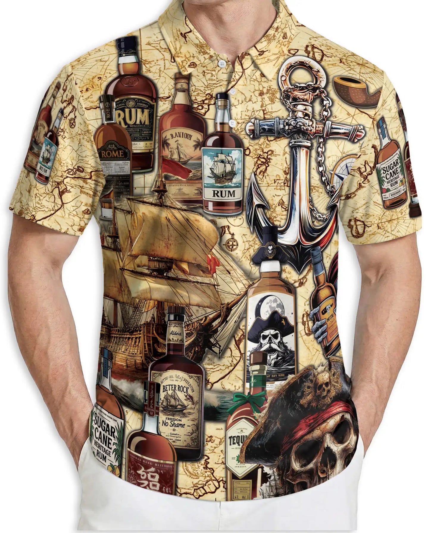 Pirate Rum Polo Shirt – Nautical Treasure Map Print | Netecom