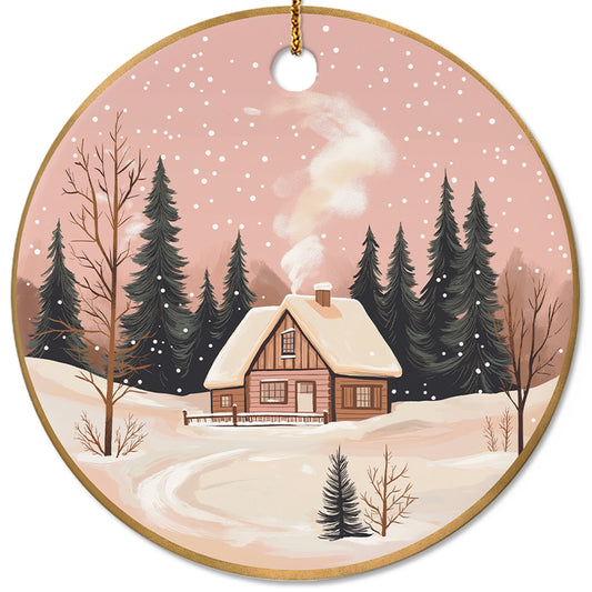 Netecom Vintage Pink Cozy Winter Scene Christmas Ornament, Ceramic Snowy House and Pine Trees Keepsake Ornament for Xmas Tree Decorations, Gifts for Holiday, Party, Home Decor