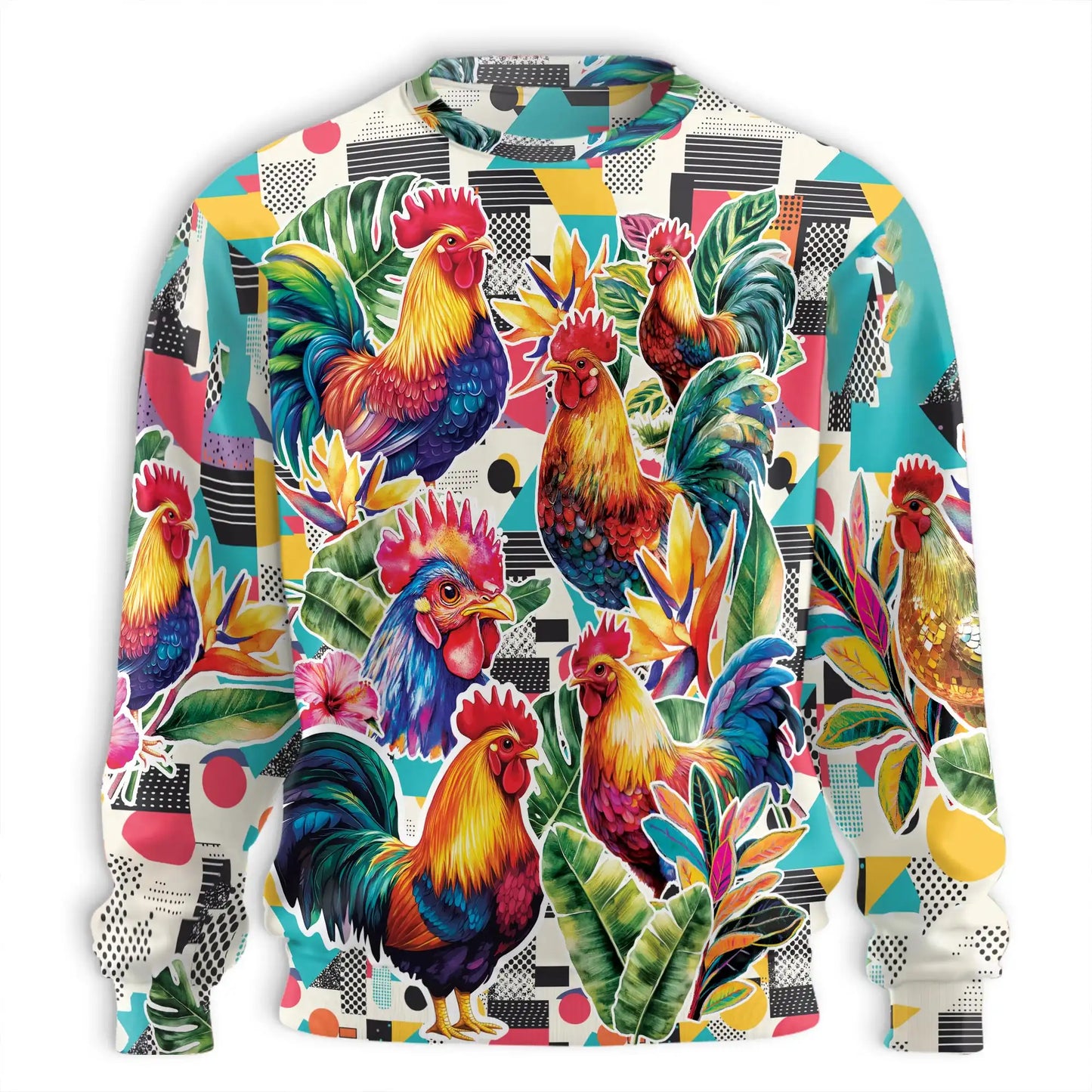 Vibrant Rooster Tropical Leaves Sweatshirt, 3D All Over Print Colorful Farm Animal Crewneck Pullover for Men Women, Rooster Lover Gift - Netecom