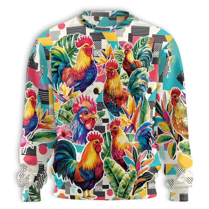 Vibrant Rooster Tropical Leaves Sweatshirt, 3D All Over Print Colorful Farm Animal Crewneck Pullover for Men Women, Rooster Lover Gift - Netecom