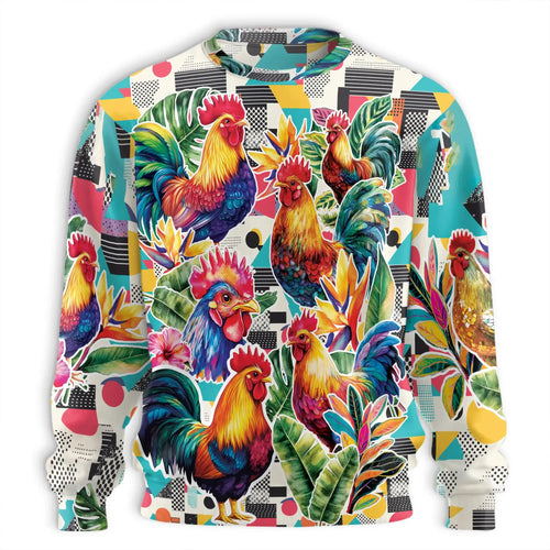 Vibrant Rooster Tropical Leaves Sweatshirt, 3D All Over Print Colorful Farm Animal Crewneck Pullover for Men Women, Rooster Lover Gift - Netecom
