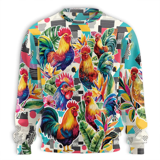 Vibrant Rooster Tropical Leaves Sweatshirt, 3D All Over Print Colorful Farm Animal Crewneck Pullover for Men Women, Rooster Lover Gift - Netecom