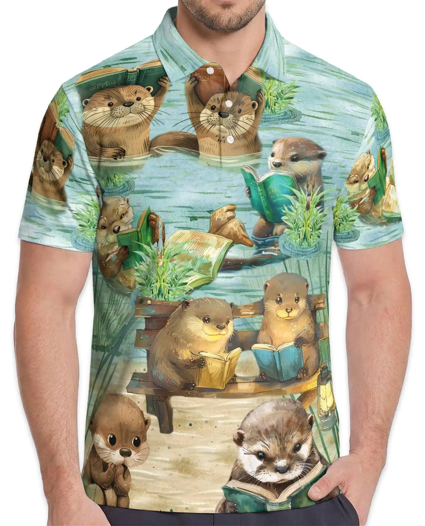 Cute Otter Reading Polo Shirt - Cozy Book Lover Animal Style | Netecom