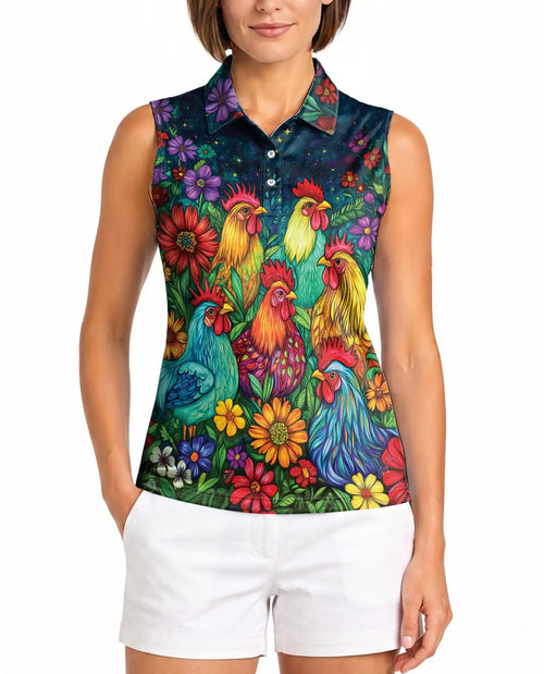 Colorful Chicken Farm Summer Sleeveless Polo Shirt for Women  | Netecom