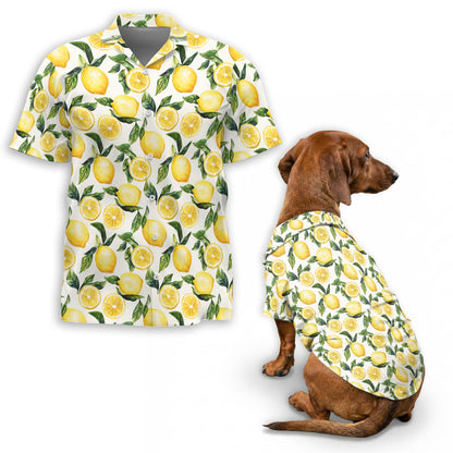 Netecom Matching Lemon Aloha Hawaiian Shirt for Dog and Owner, Bright Fruit Theme Summer Button Down Shirt, Cute Pet and Human Matching Outfit, Relaxed Beach Vacation Casual Wear