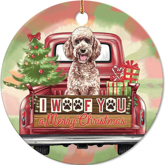 Netecom Adorable Poodle in Vintage Pickup Truck Ornament, I Woof You Happy Pawlidays Ceramic Ornament for Christmas Tree Hanging Decorations Gift, Dog Lover Gifts, Christmas Decor Present