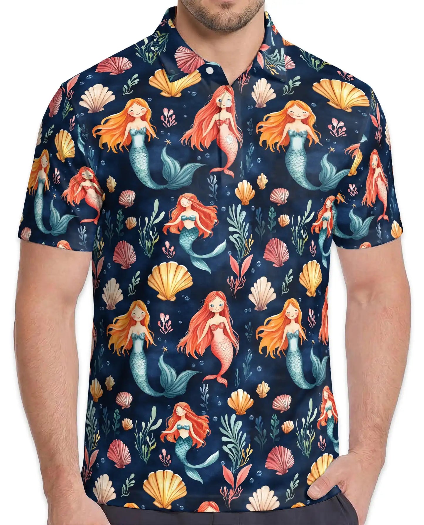 Cute Mermaid Polo Shirt - Ocean Seashell Fantasy Pattern | Netecom