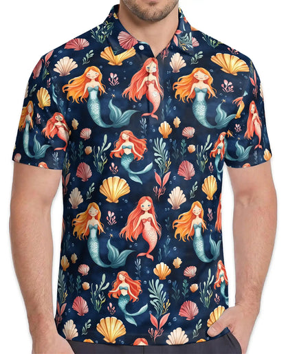Cute Mermaid Polo Shirt - Ocean Seashell Fantasy Pattern | Netecom