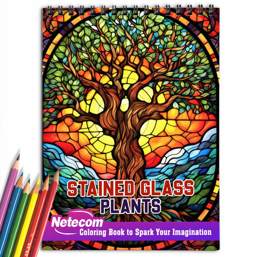 Stained Glass Plants Spiral Bound Coloring Book, 30 Striking Coloring Pages for Coloring Aficionados to Bring Out the Luminosity, Detail, and Serene Atmosphere of Stained Glass Plant Art