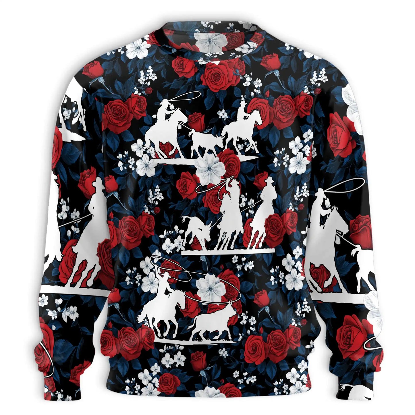 Horse Racing Flowers Rose Red Sweatshirt, 3D All Over Print Equestrian Floral Crewneck Pullover for Men Women, Horse Racing Lover Gift - Netecom