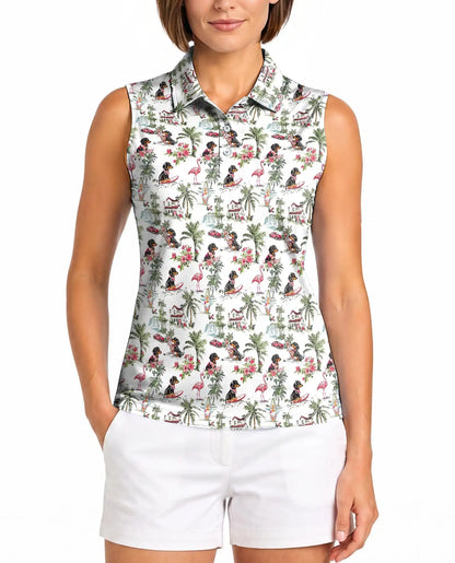 Dachshund Flamingo Tropical Sleeveless Polo Shirt for Women | Netecom