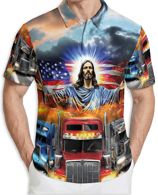 Jesus Truck Driver 3D Polo Shirt for Men – Patriotic American Trucker Style | Netecom