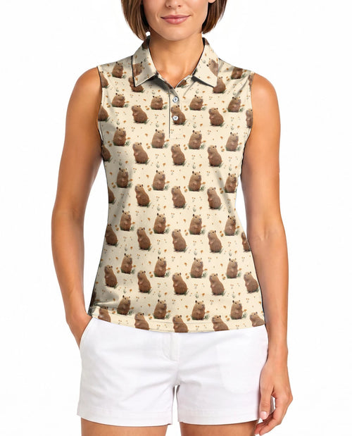 Capybara Pattern Sleeveless Polo Shirt for Women | Netecom