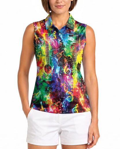 Amazing Rainbow Guitar Sleeveless Polo Shirt for Women| Netecom