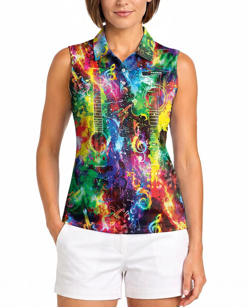 Amazing Rainbow Guitar Sleeveless Polo Shirt for Women| Netecom