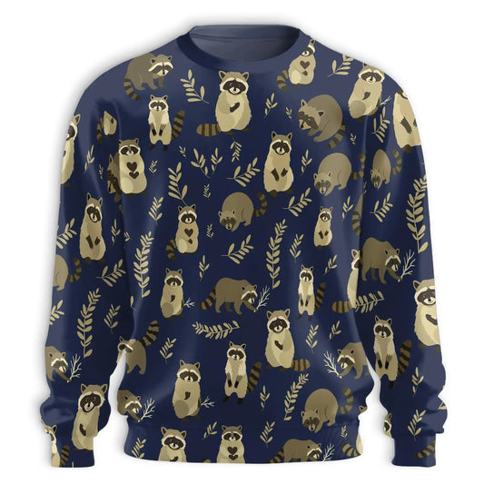 Seamless Raccoon Pattern Sweatshirt, 3D All Over Print Cute Woodland Animal Crewneck Pullover for Men Women, Raccoon Lover Gift - Netecom