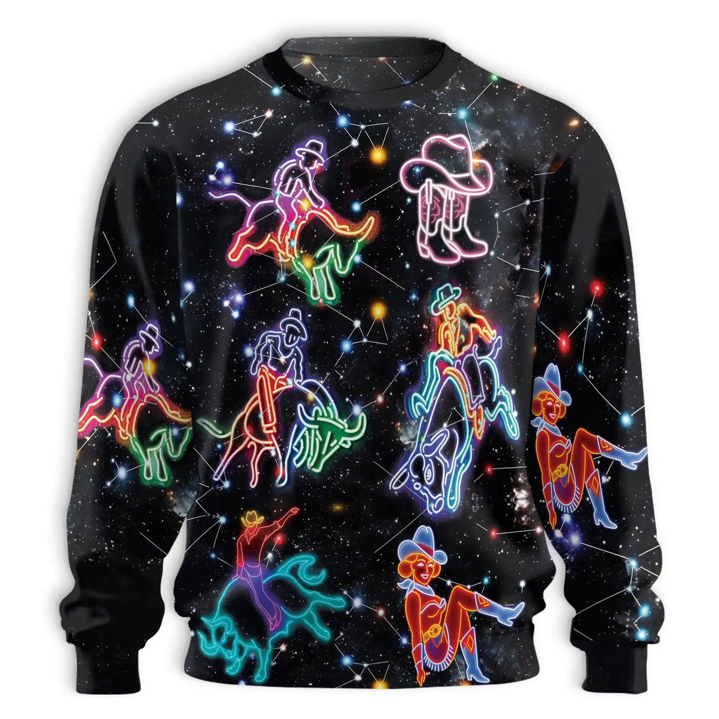 Riding Cow Neon Love Sweatshirt, 3D All Over Print Colorful Western Crewneck Pullover for Men Women, Cow Lover Gift - Netecom