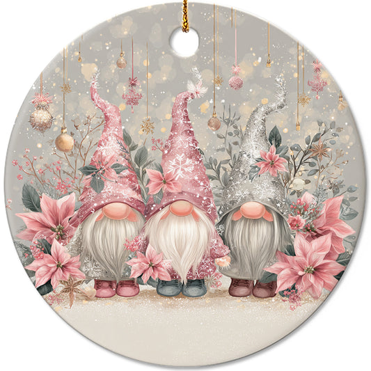 Netecom Adorable Pink Gnome Floral Christmas Ornament, Cute Scandinavian Tomte Ceramic Ornament for Christmas Tree Hanging Decorations Gift, Gnome Lover Gifts, Home Decor, Holiday Party Present