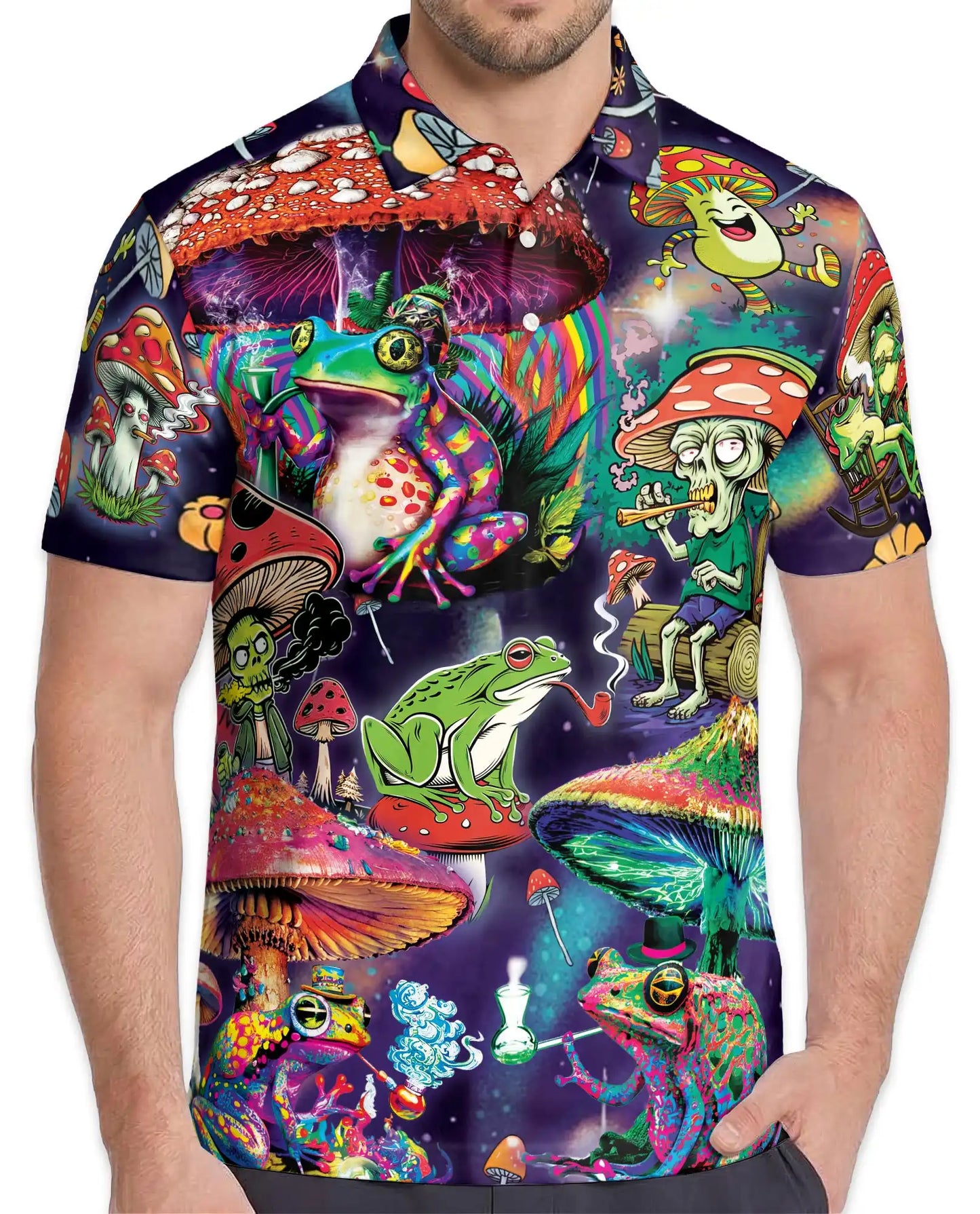 Frog Mushroom Polo Shirt for Men – Colorful Trippy Design | Netecom